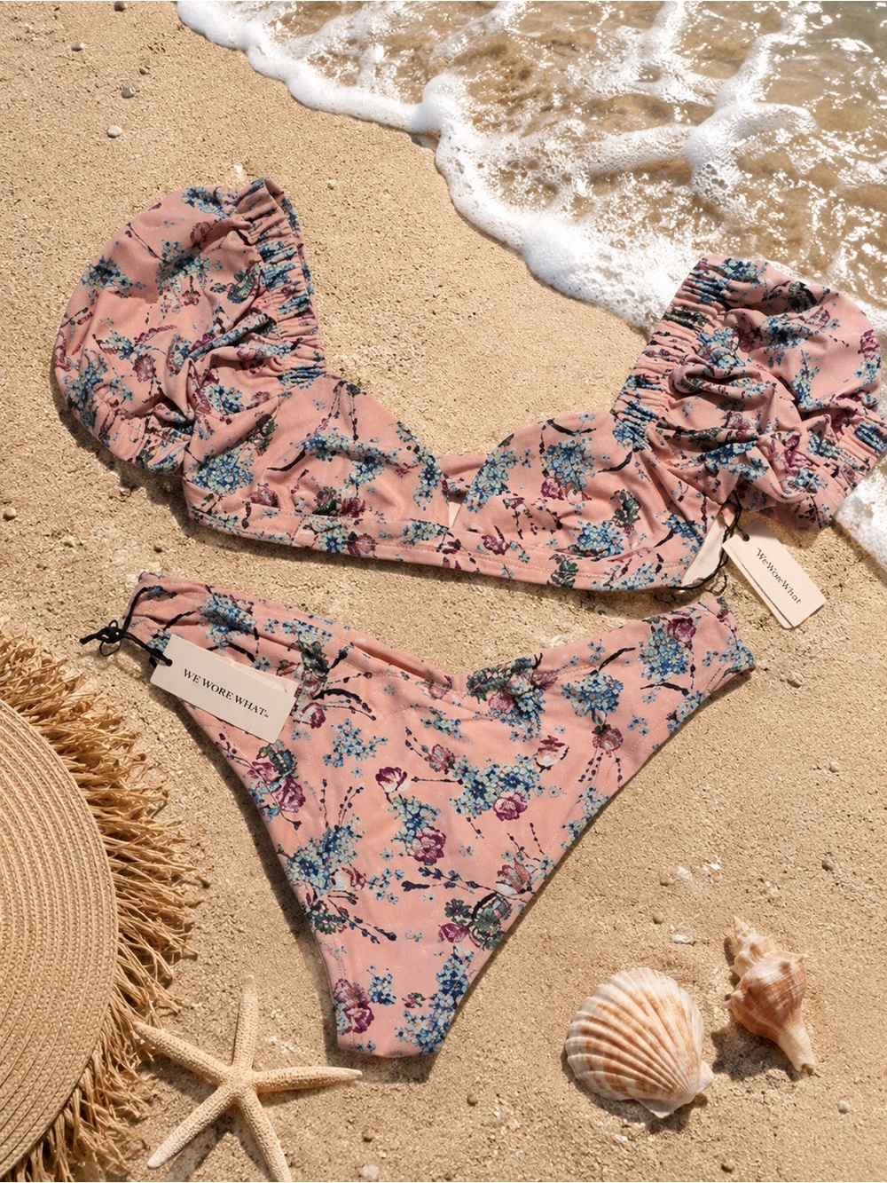 NWT WeWoreWhat Pink Floral Ruffle Bikini Set